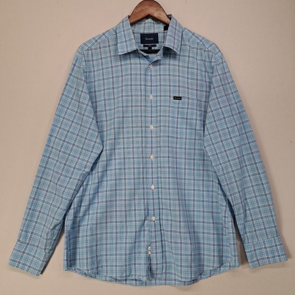 Faconnable Mens Button Down Shirt Large Blue Plaid Long Sleeve Club Fit